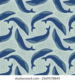 Whale seamless pattern. Blue whale and abstract elements on a light background. Flat vector illustration. For wrapping paper, world whale day card, fabric or cover