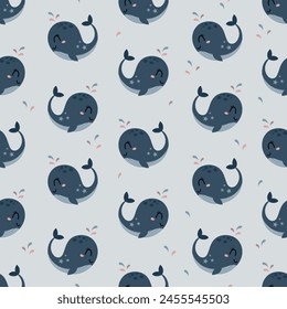 Whale seamless pattern in cartoon flat style. Boho whale digital paper. Hand drawn vector pattern