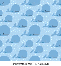 Whale Seamless Pattern, Cute Cartoon Background with Blue Wave