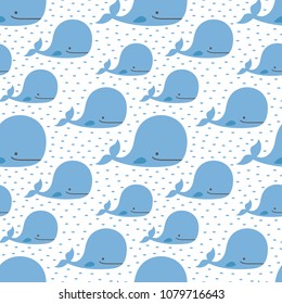 Whale Seamless Pattern, Cute Cartoon Background with Blue Wave