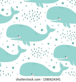 Whale Seamless Pattern, Cute Cartoon Background with Blue Wave