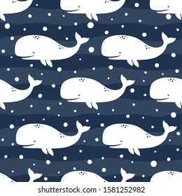 Whale Seamless Pattern, Cute Cartoon Background with Blue Wave
