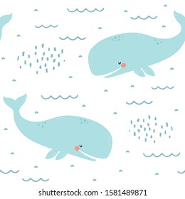 Whale Seamless Pattern, Cute Cartoon Background with Blue Wave