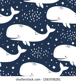 Whale Seamless Pattern, Cute Cartoon Background with Blue Wave