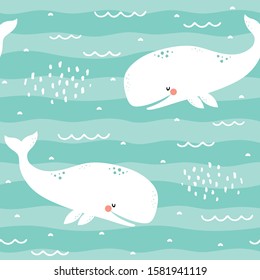 Whale Seamless Pattern, Cute Cartoon Background with Blue Wave