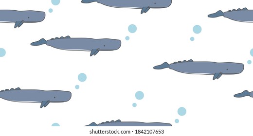 Whale seamless pattern, A cute Sperm whale on a white background.	