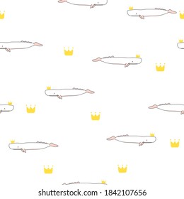 Whale seamless pattern, A cute white Sperm whale and crowns on a white background.	