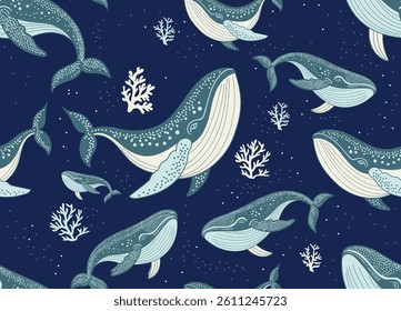 whale  seamless pattern for decorating all fashion designs, fabrics, wallpapers and prints. on a dark background