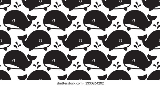 whale Seamless pattern fish vector dolphin shark salmon scarf isolated sea ocean cartoon repeat wallpaper tile background illustration doodle black