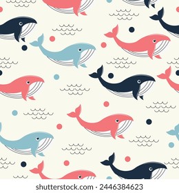 whale seamless pattern in flat vector