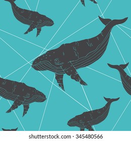 Whale seamless pattern on turquoise background with geometric elements.