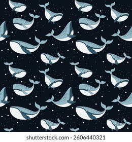 whale seamless pattern in pastel color for decorating fashion designs, fabrics, wallpapers and all types of printing on a dark background.
