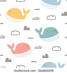 Whale seamless pattern sea animal background for kids. Hand drawn design in cartoon style. Use for textiles, prints, wallpapers, vector illustrations.