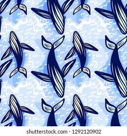 Whale seamless pattern, textile or fabric print pattern, wallpaper background, wild animal, vector illustration, hand drawn style.