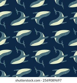 Whale seamless pattern. Turquoise realistic whale on a dark blue background. Vector illustration for fabric, wallpaper, card, cover, wrapping paper.