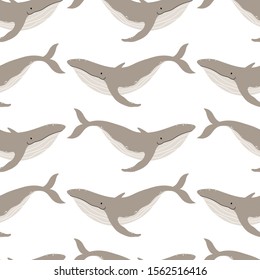 Whale seamless pattern. Vector cartoon illustration of a marine animal in a simple Scandinavian style. The limited beige palette is ideal for printing on fabric, textile, wrapping paper.