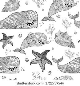 Whale, seashell vector seamless pattern illustration. Underwater ocean fish character coloring page. Ocean seamless texture pattern Adult coloring book doodle fish sea life line art style Doodle black