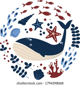 Whale, seashells, fish, starfish, corals on a white background. Flat vector illustration.