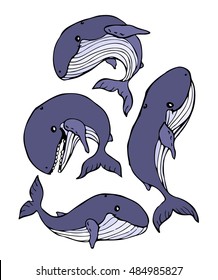 Whale set blue vector on a white background. Object isolated illustration. Doodle style. Cloth design, wallpaper, wrapping,textiles,paper,card,invitation, holiday,birthday,ocean.Color magic art.Eps10.