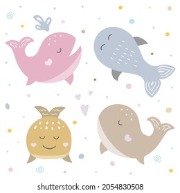 Whale set in hand drawn style. Vector illustration