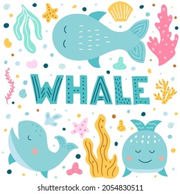 Whale set in hand drawn style. Vector illustration