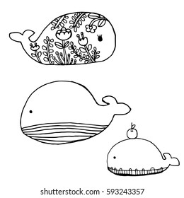 Whale Set Vector, Zen tangle stylized cartoon, Hand drawn sketch for adult coloring page, T-shirt emblem, logo or tattoo with doodle.