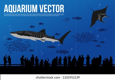 Whale Shark in aquarium vector, people visiting aquarium illustration, okinawa zoo.