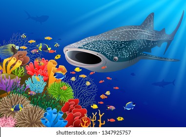 Whale shark cartoon with underwater view and coral background. Vector Illustration.