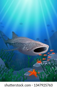 Whale shark cartoon with underwater view and coral background. Vector Illustration.