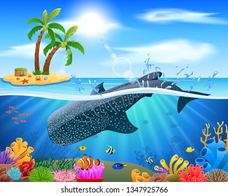 Whale shark cartoon with underwater view and coral background. Vector Illustration.