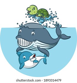 The whale and shark is playing together with the green tortoise of illustration