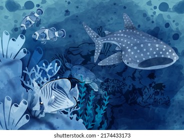 Whale shark with the scene of under ocean coral reef area in watercolor style on  blue paper pattern background. Card and poster of ocean in blue monotone watercolor style and vector design.