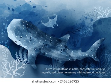 Whale shark with the scene of under ocean coral reef area in watercolor style on blue background. Card and poster of ocean in blue monotone watercolor style and vector design.