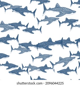 Whale shark seamless pattern in scandinavian style. Marine animals background. Vector illustration for children funny textile prints, fabric, banners, backdrops and wallpapers.