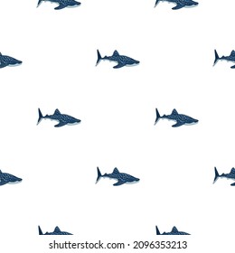 Whale shark seamless pattern in scandinavian style. Marine animals background. Vector illustration for children funny textile prints, fabric, banners, backdrops and wallpapers.