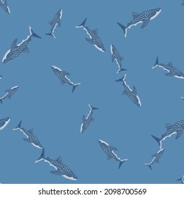 Whale shark seamless pattern in scandinavian style. Marine animals background. Vector illustration for children funny textile prints, fabric, banners, backdrops and wallpapers.
