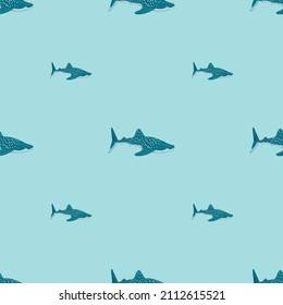 Whale shark seamless pattern in scandinavian style. Marine animals background. Vector illustration for children funny textile prints, fabric, banners, backdrops and wallpapers.