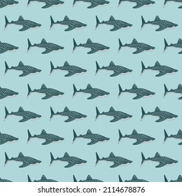 Whale shark seamless pattern in scandinavian style. Marine animals background. Vector illustration for children funny textile prints, fabric, banners, backdrops and wallpapers.