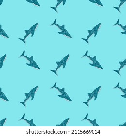 Whale shark seamless pattern in scandinavian style. Marine animals background. Vector illustration for children funny textile prints, fabric, banners, backdrops and wallpapers.