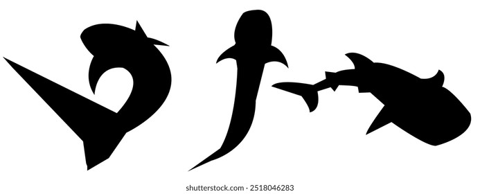 Whale shark silhouette set collection. isolated black on white background. sea, animal. vector illustration.