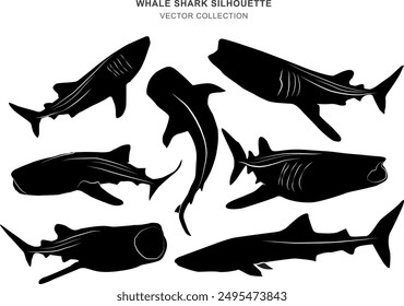 Whale shark silhouette with various poses in vector format.