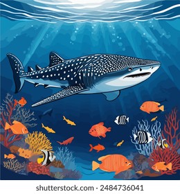 Whale Shark swimming with a lot of fish in shallow water over a tropical coral reef vector cartoon illustration