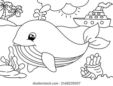 Whale Ship Cartoon Cute Coloring Page Stock Vector (Royalty Free ...