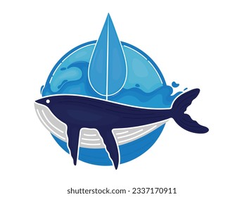 whale and ship logo design isolated. circle whale humpback logo vector illustration design. whale line art logo design.