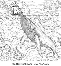 A whale and a ship on the background of a full moon.Coloring book antistress for children and adults. Illustration isolated on white background.Zen-tangle style. Hand draw