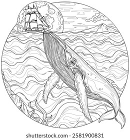 A whale and a ship.Coloring book antistress for children and adults. Illustration isolated on white background.Zen-tangle style. Hand draw