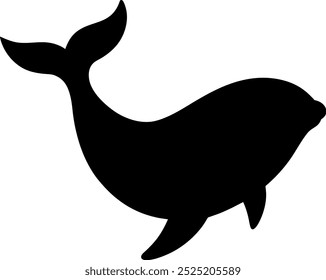 Whale silhouette in black, smooth curves, minimal design capturing its sleek movement on white