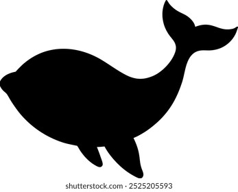 Whale silhouette in black, smooth curves, minimal design capturing its sleek movement on white