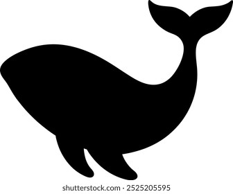 Whale silhouette in black, smooth curves, minimal design capturing its sleek movement on white