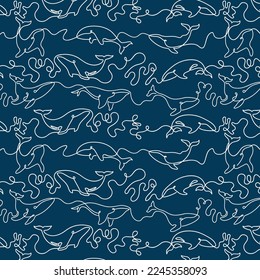 Whale silhouette design in blue background. Vector hand drawn.